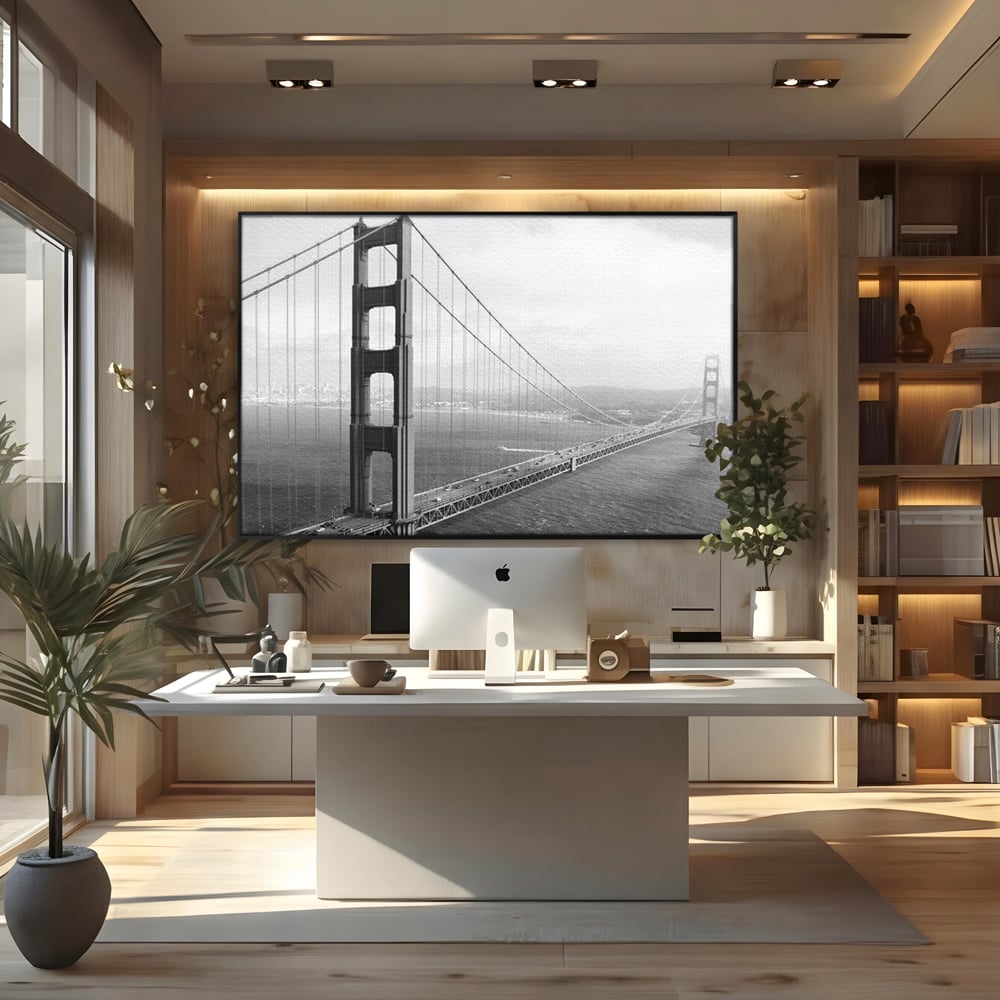 Tablou canvas cu fotografie alb-negru cu podul golden gate, in rama de aluminiu negru, pe perete intr-un birou